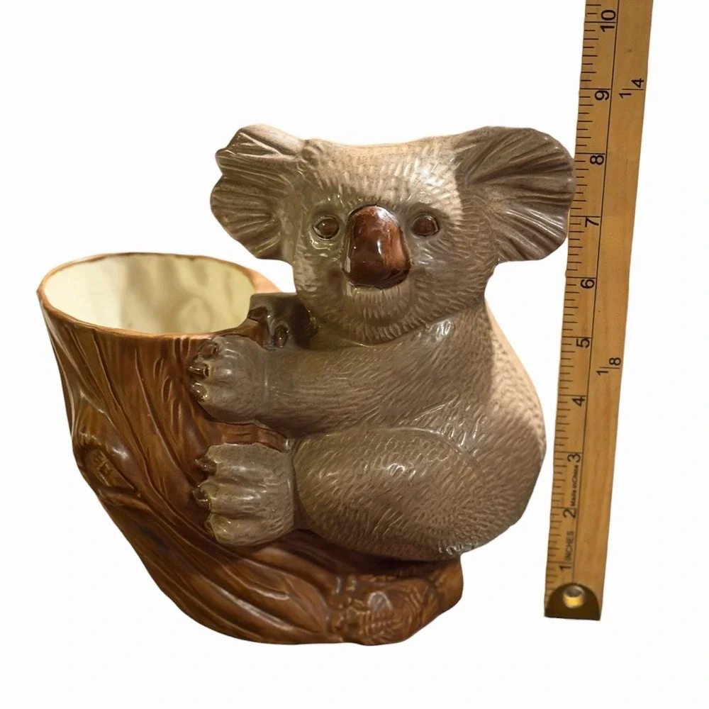 Vintage Koala Bear Planter Ceramic Tree Stump Cache Pot Kitschy Animal Decor